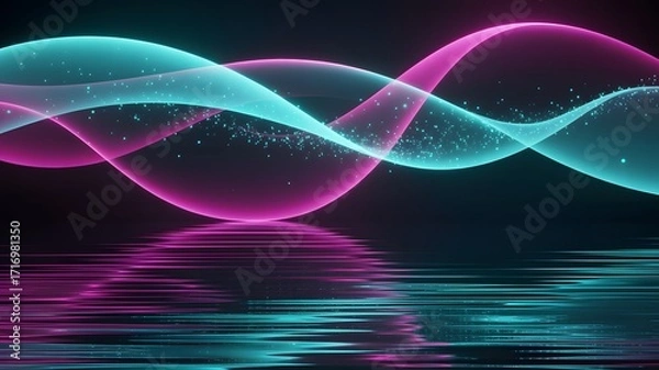 Fototapeta Abstract glowing neon waves reflecting on water surface