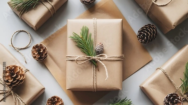Fototapeta Gifts wrapped in brown paper sit on a table. Holiday presents for design, marketing, web use.