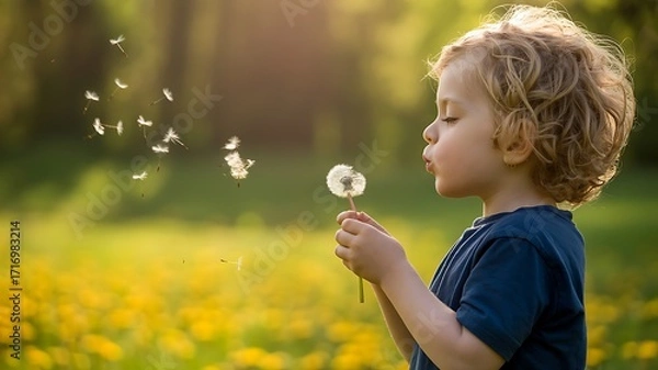 Fototapeta Child blows dandelion seeds in field at sunset. Concept of freedom, hope, dreams. Use for family blogs, web design, or marketing.