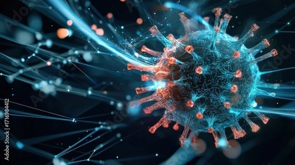 Fototapeta A virus is shown in a blue and red color scheme. The virus is surrounded by a web of lines and dots. Concept of chaos and danger, as the virus is depicted as a menacing and powerful force