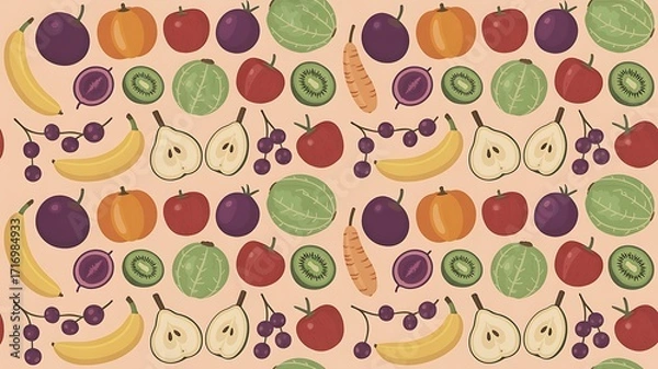 Fototapeta Seamless food pattern. Fresh fruits repeat on pastel background. Use for marketing, product design, wallpaper, textiles, or backgrounds.