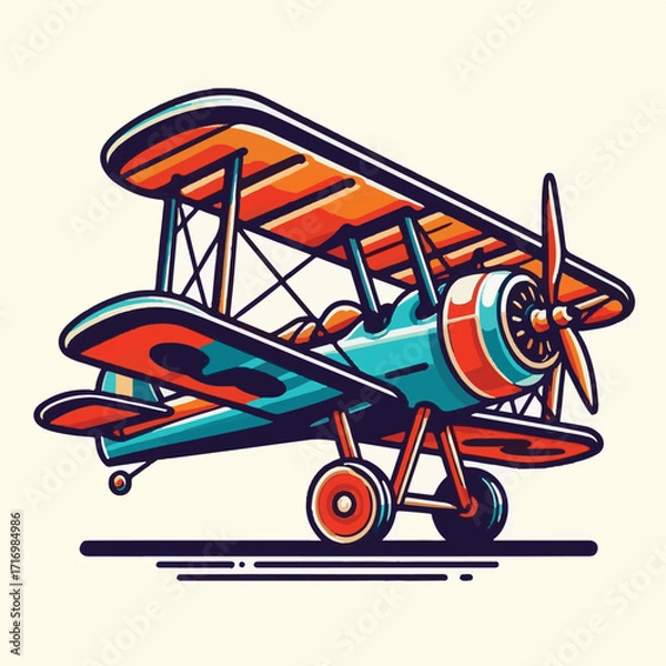 Fototapeta biplane, airplane, plane, aircraft, air, propeller, flight, sky, vintage, aeroplane, old, fly, retro, aviation, transport, wing, pilot, travel, illustration, red, background, vector, transportation, w