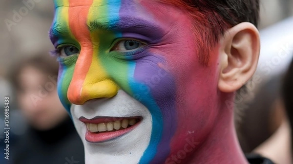 Fototapeta Person smiles with rainbow face paint. Represents LGBT pride, joy, diversity. Use for social issues, design, marketing, or editorial content.