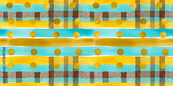 Fototapeta Colorful teal, yellow and orange plaid and polka dot stripes in a playful scrapbook style
