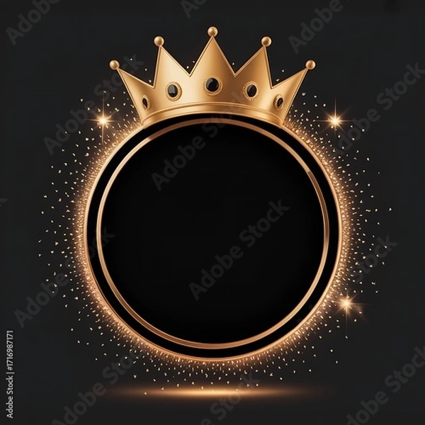Fototapeta Golden crown sits above round frame. Represents luxury, royalty. Great for graphic design, marketing materials, web use, cards, invitations.