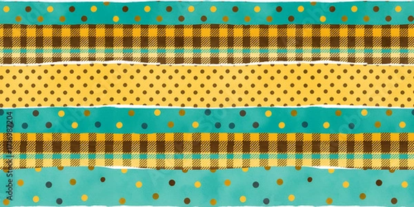 Fototapeta Seamless teal and yellow polka dot and plaid striped pattern background