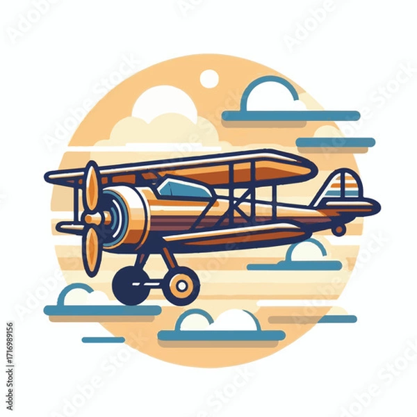 Fototapeta biplane, airplane, plane, aircraft, air, propeller, flight, sky, vintage, aeroplane, old, fly, retro, aviation, transport, wing, pilot, travel, illustration, red, background, vector, transportation, w