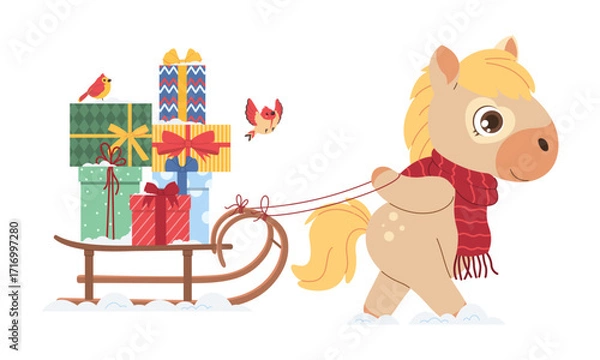 Fototapeta Cute pony in red scarf pulling sleigh with Christmas gifts. Festive holiday vector illustration for winter design, greeting cards, and children’s decor.