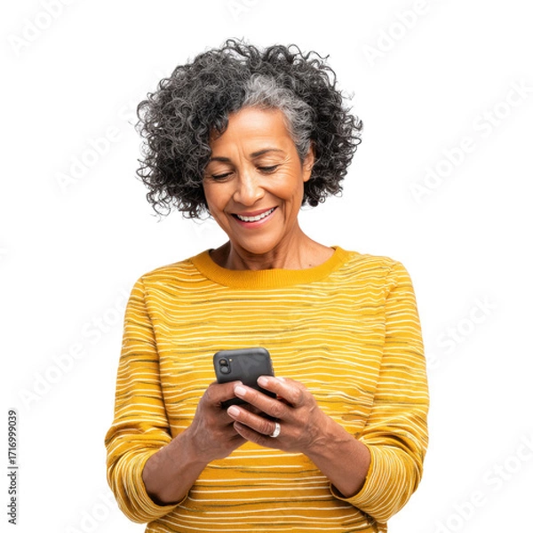 Obraz Smiling Sub-North African woman using smartphone on white background