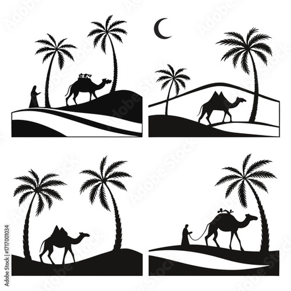 Obraz Desert caravan silhouettes with camels palm trees and moon