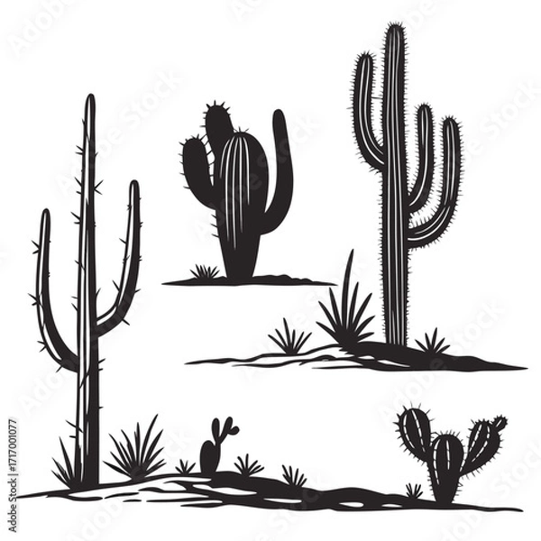 Obraz Desert plants silhouette with saguaro and prickly pear cacti Keywords: desert, plants