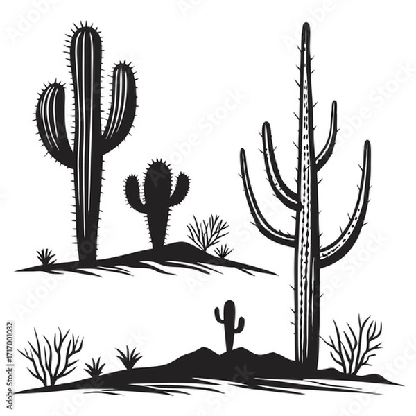 Obraz Desert silhouette with saguaro and small cacti Keywords: desert, silhouette, saguaro cactus