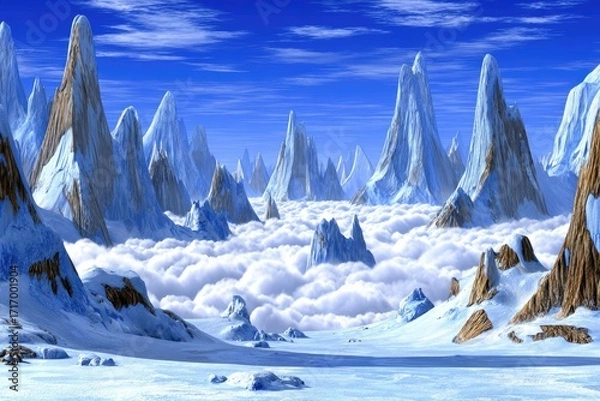 Obraz Snow-capped peaks pierce a sky of clouds