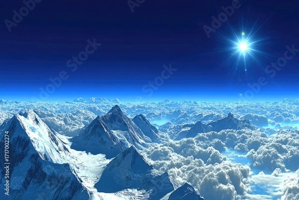 Obraz High-altitude view of snow-capped mountains, clouds, and a bright sun