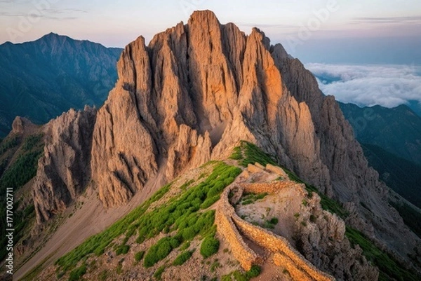 Obraz Mountain peak with ancient wall at sunrise