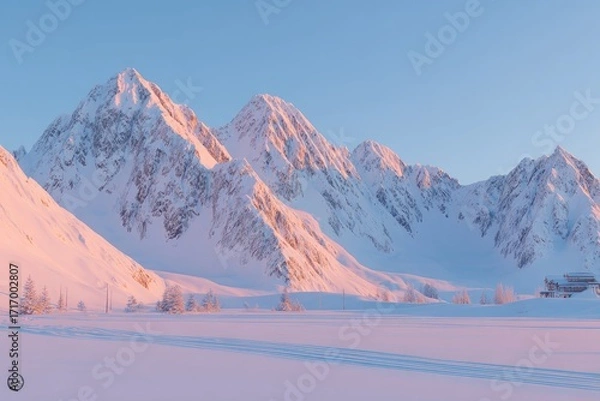 Obraz Snowy mountain range at dawn, soft pink light