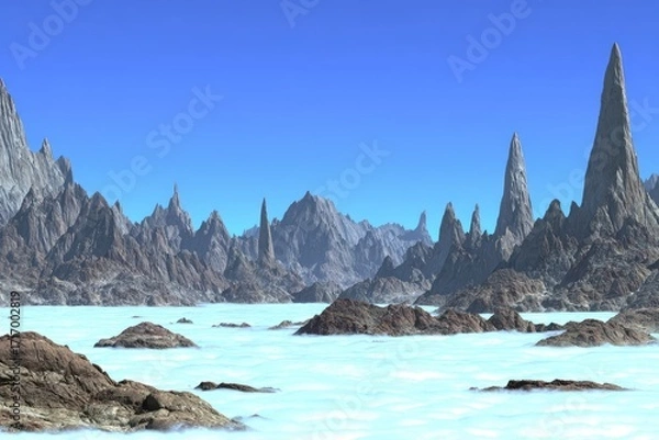 Obraz Vast, alien landscape of jagged peaks and a misty lake