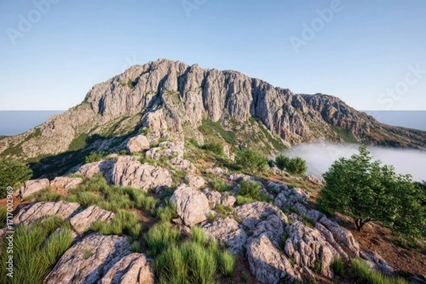 Obraz Mountain summit at dawn, rocky terrain, mist rising