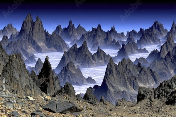 Obraz Vast, jagged peaks pierce a sea of clouds