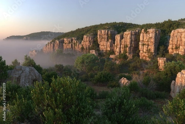 Obraz Misty mountain landscape with rocky outcrops and vegetation