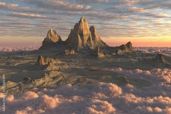 Obraz Majestic mountain peak above a sea of clouds at sunset