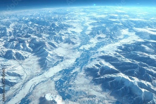 Obraz High-angle view of icy mountains and valleys