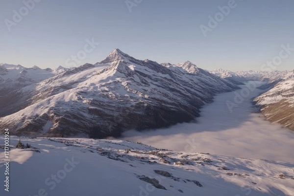 Obraz Snowy mountain range with valley shrouded in mist