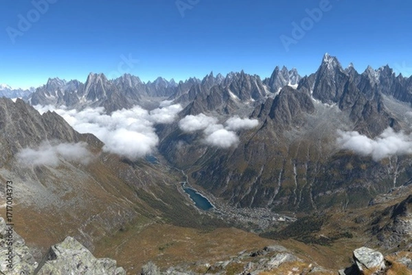 Obraz Alpine valley panorama with high peaks and clouds