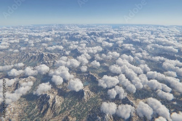 Obraz High-altitude view of a mountainous landscape blanketed by puffy white clouds