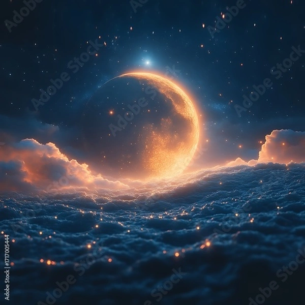 Obraz Crescent moon bathed in ethereal light above a sea of clouds at night