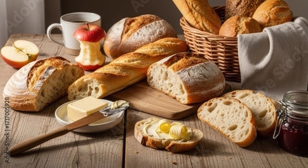 Fototapeta Rustic breakfast scene featuring artisanal breads, butter, jam, and fruit, evoking a cozy and