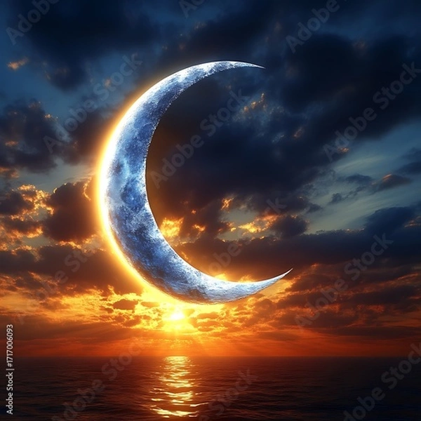 Obraz Crescent moon bathed in sunset glow over the ocean