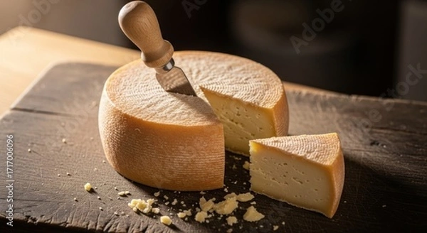 Fototapeta Artisanal cheese wheel on a wooden board with a cheese knife, rustic and delicious food concept