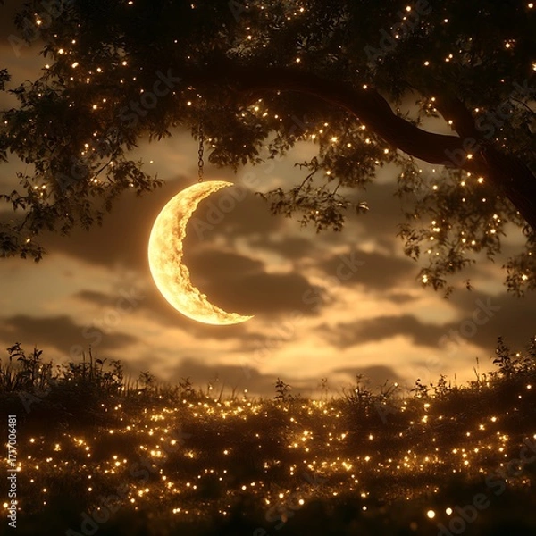 Obraz Crescent moon bathed in warm light, behind a tree with fairy lights