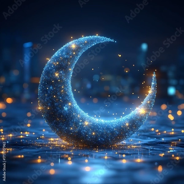 Obraz Crescent moon, digital art, shimmering, city lights, night scene