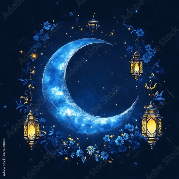 Obraz Crescent moon encircled by floral and lantern decor