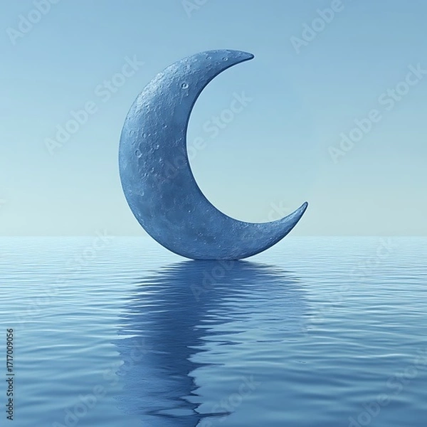 Obraz Crescent moon floats on still blue water; serene, pale blue sky