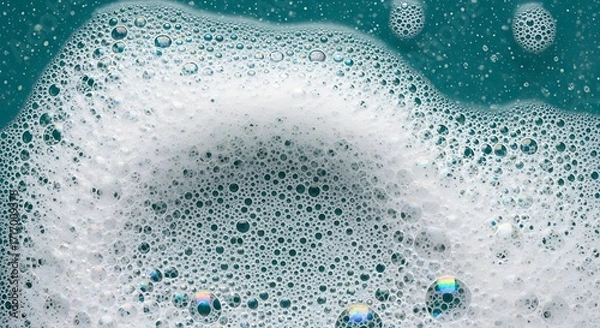 Fototapeta White Soap Foam Bubbles, Teal Background, Closeup Texture