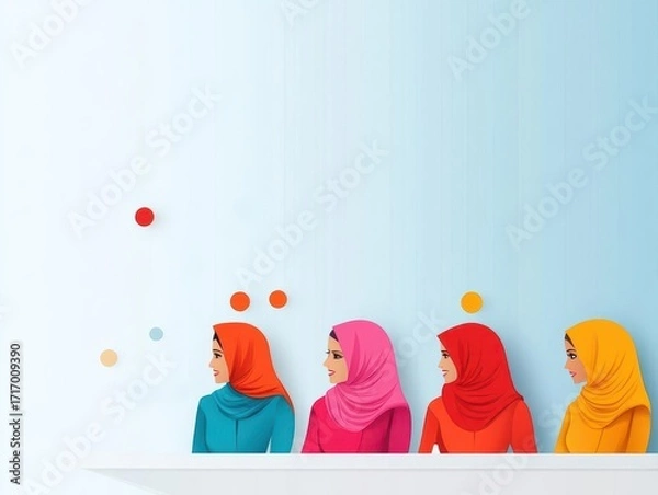 Fototapeta Four women wea colorful hijabs standing side by side with patterned background and floating orange and red circles symbolizing diversity and unity in culture and fashion