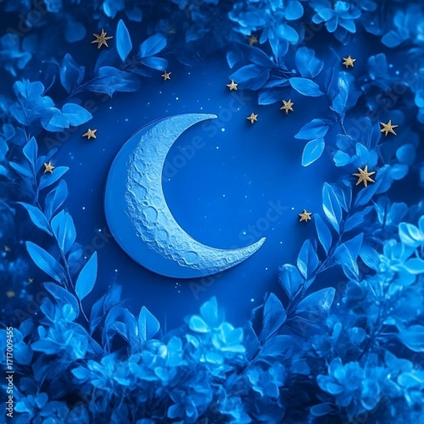 Obraz Crescent moon framed by blue leaves and stars