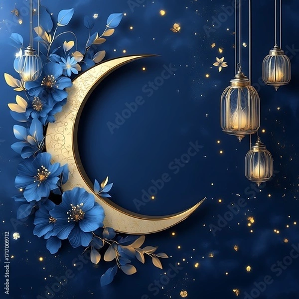 Obraz Crescent moon framed by blue flowers and lanterns, on a dark blue background