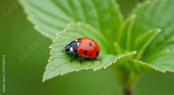 Fototapeta Macro photograph showcasing a vibrant red ladybug resting on a lush green leaf during the day in