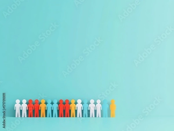 Fototapeta Diverse group of colorful human silhouettes standing in a row against a light blue gradient background symbolizing unity diversity and social connection