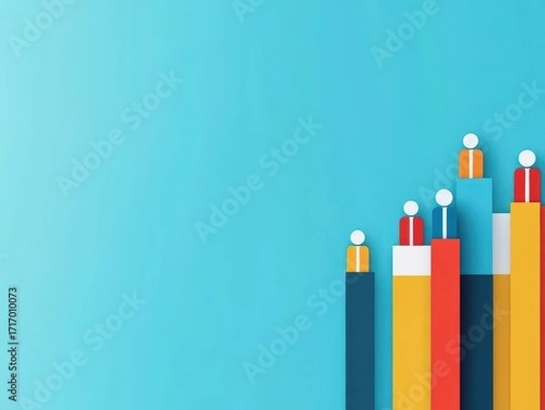 Fototapeta Colorful bar graph with 3D geometric blocks representing data analysis and growth trends on a vibrant blue background for business, finance, and success concepts