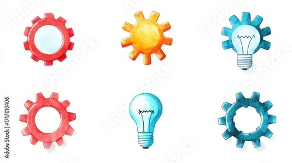 Fototapeta Collection of colorful gears and light bulbs symbolizing innovation, enginee, teamwork, technology, ideas, creativity, mechanical systems, and problem solving