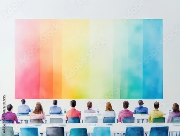 Fototapeta Diverse group of people sitting in front of a large colorful rainbow gradient wall du a presentation or event in a modern, well-lit conference room setting