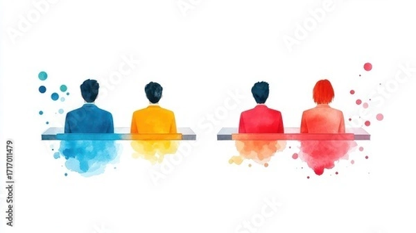 Fototapeta Modern artistic illustration of four diverse people sitting at a table with colorful abstract watercolor splashes behind them on a white background