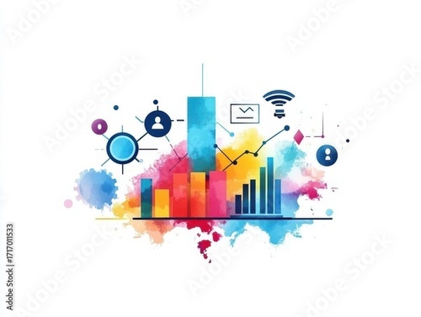 Fototapeta Colorful digital data visualization illustration with abstract bar charts line graph icons and technology symbols representing analytics and networking
