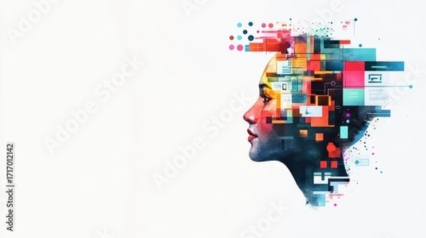 Fototapeta Futuristic digital art of a woman's profile with vibrant colorful pixelated and geometric elements representing technology innovation and digital transformation
