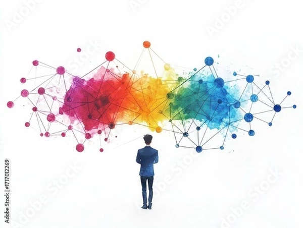 Fototapeta Businessman observing colorful interconnected network of nodes and lines representing communication technology, digital innovation, and data connections